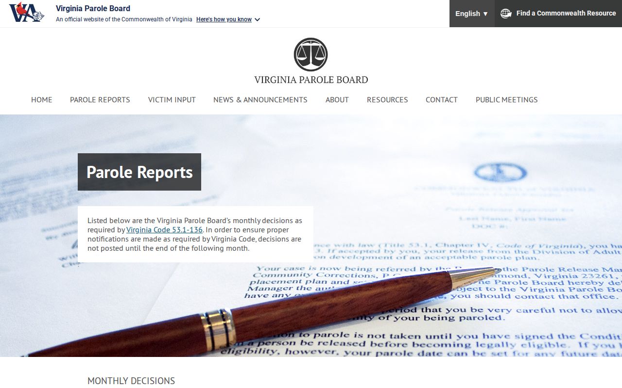 Dinwiddie County parole decision lookup through Virginia Parole Board reports